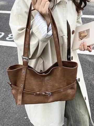 Women Vintage Large Capacity PU Leather Tote Bag Fashion Shoulder Bag With Decorative Buckle For Daily Commuting Office