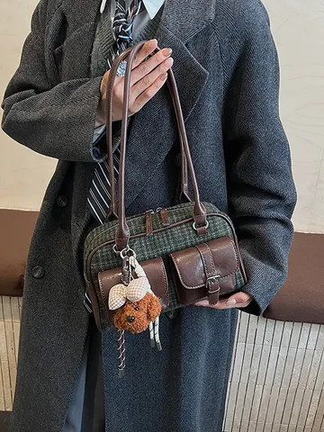 Sac à Épaule Retro Plaid Tweed et Cuir PU pour Femmes Vintage Boston Sac à Main sous le Bras Avec Charme pour Travail Quotidien