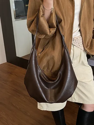 Damen Retro Große Kapazität PU Leder Hobo Tasche Mode Einfarbig Unterarm Schultertasche Mit Reißverschluss Für Den Alltag