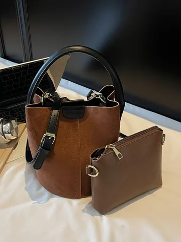 Vintage Suede Bucket Bag For Women Fashion Solid Color Handbag With Sub Bag Single Shoulder Crossbody Bag Daily Office