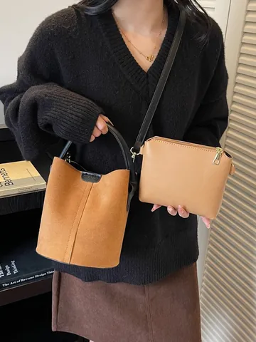 Vintage Suede Bucket Bag For Women Fashion Solid Color Handbag With Sub Bag Single Shoulder Crossbody Bag Daily Office