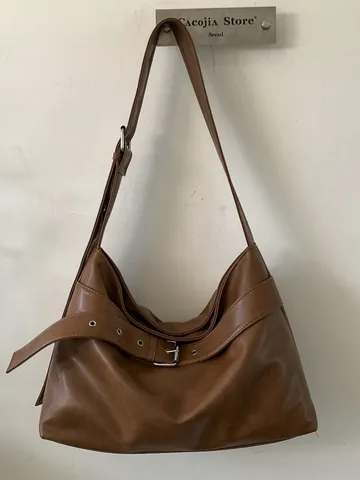 Retro PU Leder Tragetasche Mit Großer Kapazität Für Damen Verstellbarer Riemen Gürtelschnalle Schultertasche Alltag Handtasche