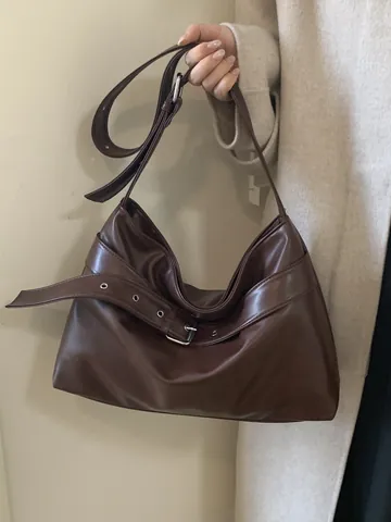 Retro PU Leder Tragetasche Mit Großer Kapazität Für Damen Verstellbarer Riemen Gürtelschnalle Schultertasche Alltag Handtasche