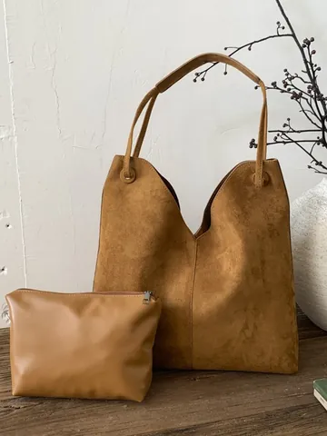 Borsa Tote Grande Donna Vintage in PU Opaco Texture Camoscio Design a V Fibbia Magnetica Borsa a Tracolla per Pendolarismo Quotidiano Borsetta Versatile