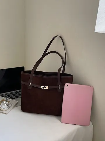 Damen Vintage Wildlederoptik PU Leder Tragetasche Große Kapazität Umhängetasche Lässige Pendler Handtasche Mit Metallschnalle