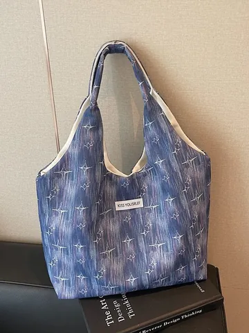 Women Large Capacity Canvas Tote Bag Retro Star Pattern Shoulder Handbag For Daily Travel Commuting Shopping Shopping Bag