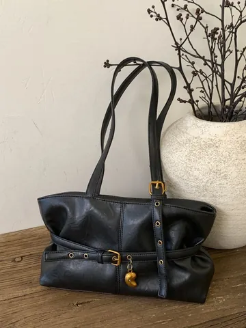 Women Vintage PU Leather Shoulder Bag Large Capacity Underarm Tote Minimalist Commuter Bag With Belt Buckle Decor