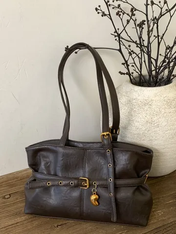 Women Vintage PU Leather Shoulder Bag Large Capacity Underarm Tote Minimalist Commuter Bag With Belt Buckle Decor
