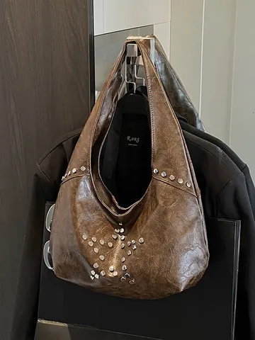 Women Vintage PU Leather Hobo Bag Punk Metal Rivet Star Pattern Shoulder Bag Large Capacity Casual Underarm Handbag