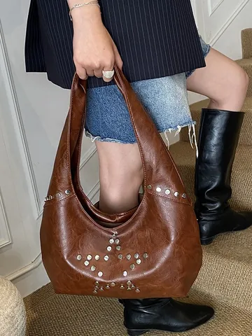 Women Vintage PU Leather Hobo Bag Punk Metal Rivet Star Pattern Shoulder Bag Large Capacity Casual Underarm Handbag