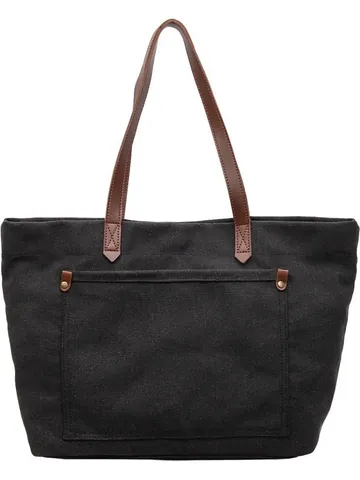Vintage Large Capacity Canvas Tote Bag For Women With Faux Leather Handle Rivet Decor Contrast Stitching Casual Shoulder Bag