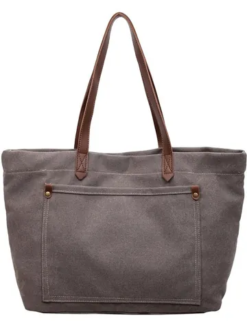 Vintage Large Capacity Canvas Tote Bag For Women With Faux Leather Handle Rivet Decor Contrast Stitching Casual Shoulder Bag