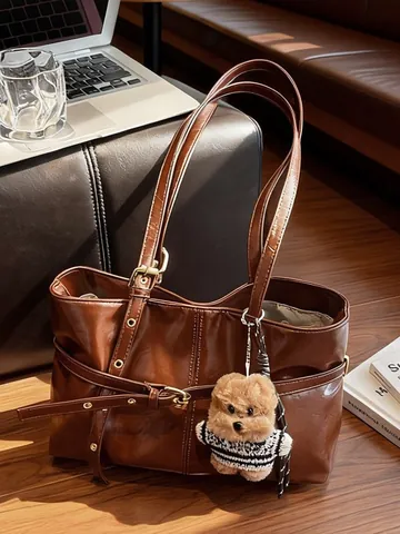 Grand Sac Cabas en Cuir PU Brillant pour Femme Rétro Minimaliste Sac à Épaule Sac d'Aisselle à la Mode avec Pendentif Ours en Peluche