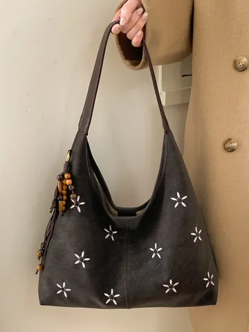 Sac Fourre-tout Hobo en Cuir PU Grande Capacité Pour Femmes Avec Broderie de Fleurs Sac à Bandoulière Rétro Gland