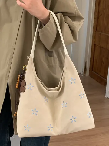 Sac Fourre-tout Hobo en Cuir PU Grande Capacité Pour Femmes Avec Broderie de Fleurs Sac à Bandoulière Rétro Gland