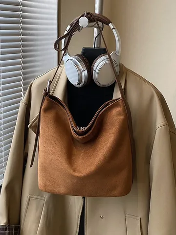 Bolso Tote Hobo de Gamuza Vintage para Mujer Estampado de Leopardo Gran Capacidad Color Sólido Bolso de Hombro Casual Diario
