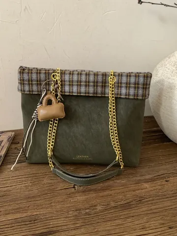 Sac Fourre-tout Vintage à Carreaux pour Femmes Grande Capacité en Cuir PU Sac à Bandoulière Avec Chaîne Dorée Sac à Main Rétro pour Femmes