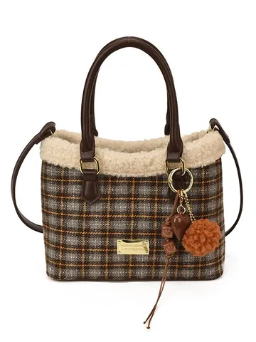 Sac Seau Rétro à Carreaux en Fausse Fourrure pour Femme Sac à Main en Laine Avec Garniture en Peluche Bandoulière Réglable Mode Hiver