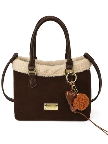 Sac Seau Rétro à Carreaux en Fausse Fourrure pour Femme Sac à Main en Laine Avec Garniture en Peluche Bandoulière Réglable Mode Hiver