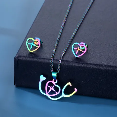 Rainbow Stainless Steel Stethoscope Heart EKG Pendant Necklace And Stud Earrings Medical Nurse Doctor Jewelry Gift