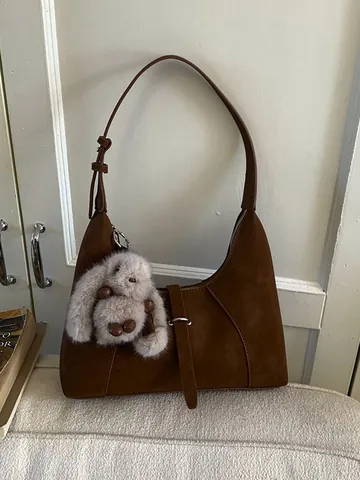 Women Vintage Hobo Underarm Bag Suede Texture PU Leather Shoulder Bag Large Capacity Solid Color Commuter Tote With Rabbit Pendant