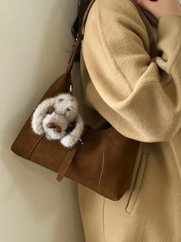 Women Vintage Hobo Underarm Bag Suede Texture PU Leather Shoulder Bag Large Capacity Solid Color Commuter Tote With Rabbit Pendant