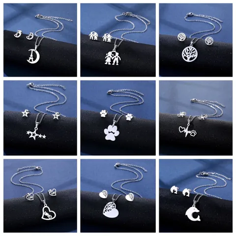 Collana Orecchini in Acciaio Inossidabile per Donna Minimalista Cuore Stella Luna Animale Pendente Gioielli Tono Argento