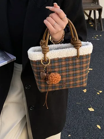 Women Vintage Plaid Woolen Tote Bag With Faux Lamb Wool Trim And Heart Pom Pom Pendant Casual Winter Handbag Shoulder Crossbody Bag