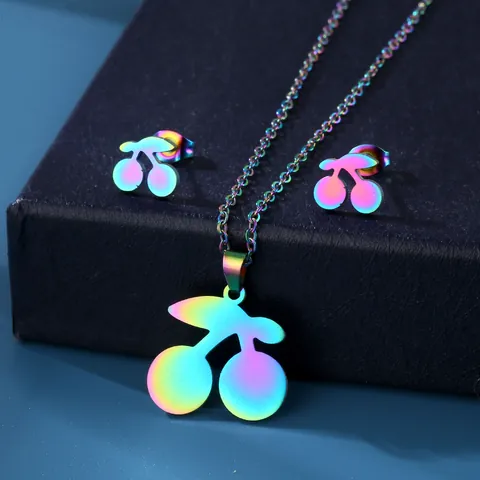 Niche Design Stainless Steel Rainbow Cherry Pendant Necklace And Stud Earrings For Women Colorful Hip Hop Style Fruit Jewelry