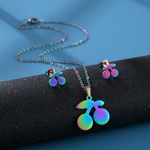 Niche Design Stainless Steel Rainbow Cherry Pendant Necklace And Stud Earrings For Women Colorful Hip Hop Style Fruit Jewelry
