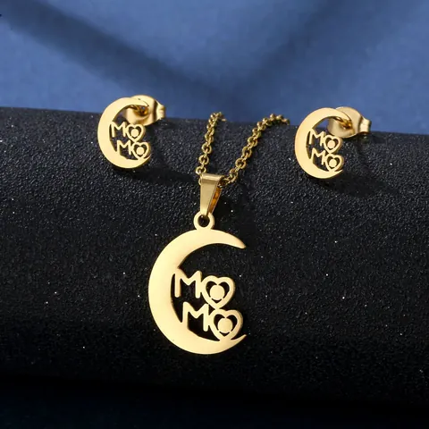 Set Di Gioielli Mama In Acciaio Inossidabile Collana Con Ciondolo Cuore Luna Orecchini Regalo Festa Della Mamma