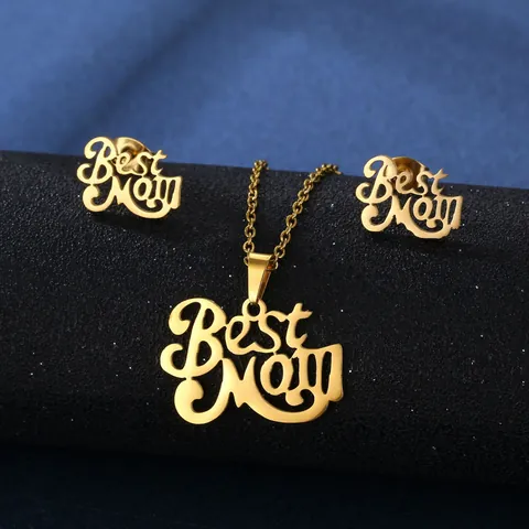 304 Stainless Steel Best Mom Jewelry Set For Women Hollow Letter Pendant Necklace And Stud Earrings Mother's Day Gift