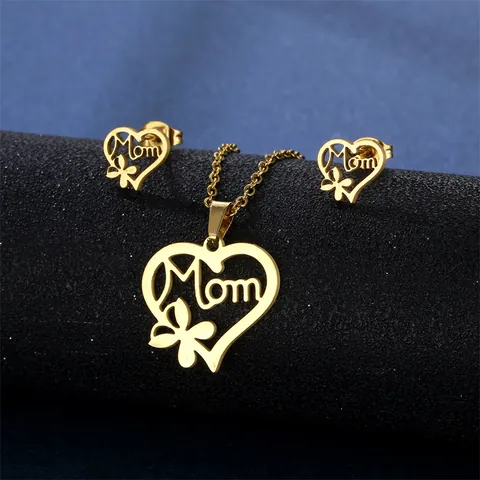 Gold Plated Stainless Steel Jewelry Set For Women Hollow Heart Mom Pendant Necklace And Stud Earrings Mother's Day Gift