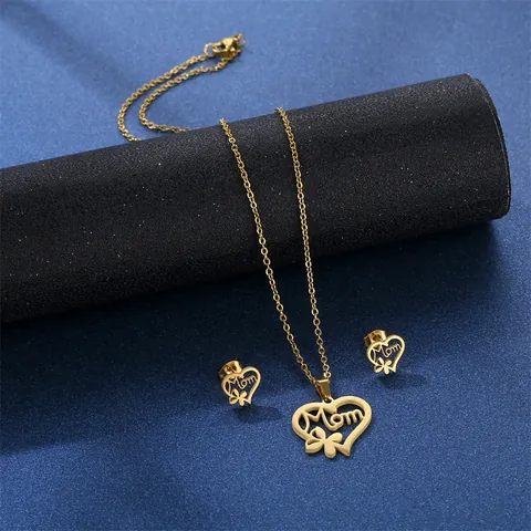 Gold Plated Stainless Steel Jewelry Set For Women Hollow Heart Mom Pendant Necklace And Stud Earrings Mother's Day Gift