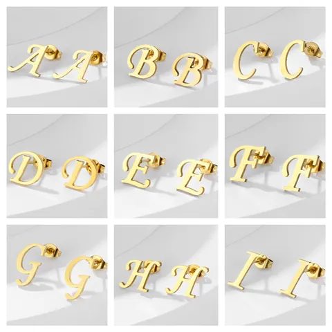 Orecchini a Bottone con Lettere Alfabeto in Acciaio Inossidabile Oro Galvanizzato Orecchini Geometrici Minimalisti Donna
