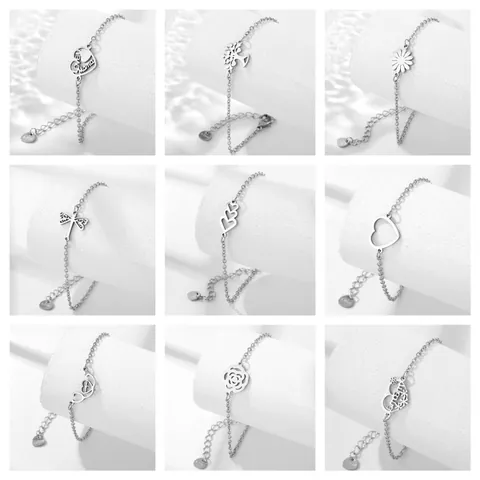 Bracciale Minimalista in Acciaio Inossidabile con Ciondolo a Cuore Farfalla Margherita Libellula Argento Catena Gioielli per Donna Uomo Regalo Quotidiano