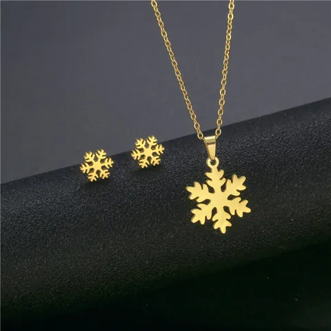 Minimalistische Vergulde Roestvrijstalen Sneeuwvlok Ketting En Oorbellen Set Voor Vrouwen Gepolijste Sieraden Kerstcadeau
