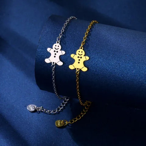 Braccialetto in Acciaio Inossidabile con Omino di Pan di Zenzero per Donna Ciondolo Viso Sorridente Gioielli di Natale Regalo Oro Argento Catena di Estensione