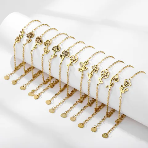 Bracciale in Acciaio Inossidabile con Fiore di Nascita per Donna Placcato Oro 18K Ciondolo Floreale Traforato Gioielli Compleanno