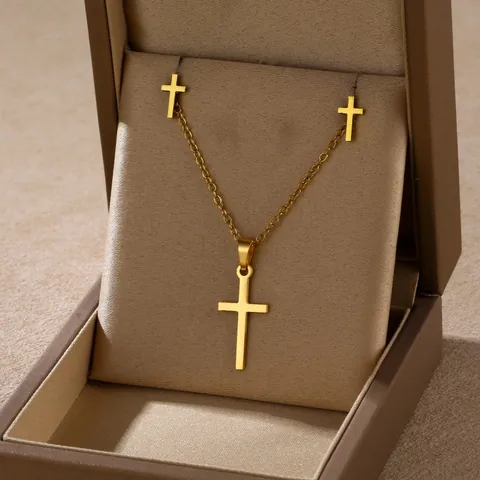 Stainless Steel Cross Pendant Necklace And Stud Earrings Jewelry Set Minimalist Geometric Fashion Accessories For Women Gold Silver