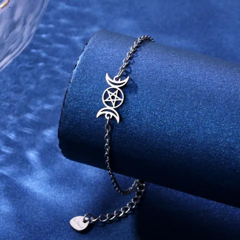 Bracciale in Acciaio Inossidabile con Luna Tripla e Pentagramma Donna Gioielli Occulti Dea della Luna Catena Regolabile Placcato Oro Argento