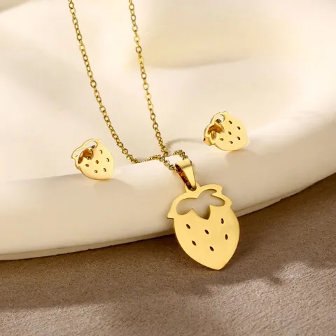 Minimalist Stainless Steel Strawberry Necklace And Stud Earrings For Women Hollow Fruit Gold Silver Plated Jewelry Gift