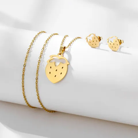 Minimalist Stainless Steel Strawberry Necklace And Stud Earrings For Women Hollow Fruit Gold Silver Plated Jewelry Gift