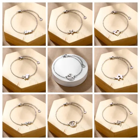 Bracciale Minimalista in Acciaio Inossidabile Con Ciondoli Animali e Geometrici Regolabile Gatto Cane Civetta Rosa Gioielli da Donna
