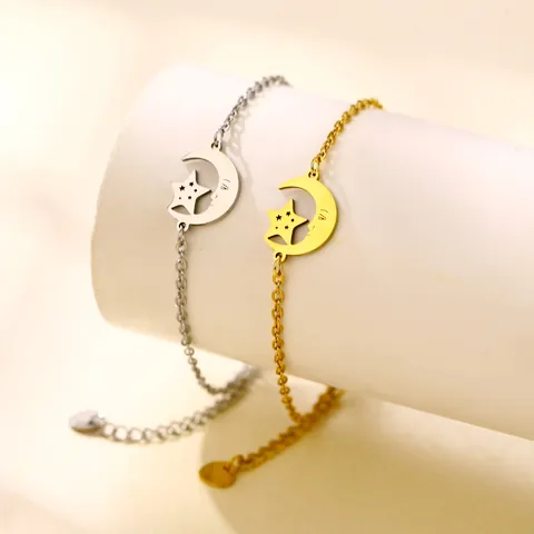 Bracciale a Catena con Luna Crescente e Stella in Acciaio Inossidabile Oro Argento Galvanizzato Minimalista per Donna