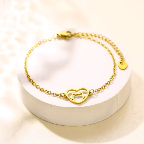 Bracciale Pendente Gatto Cuore Svuotato in Acciaio Inossidabile Minimalista per Donna Gioielli Animali Domestici Oro Argento