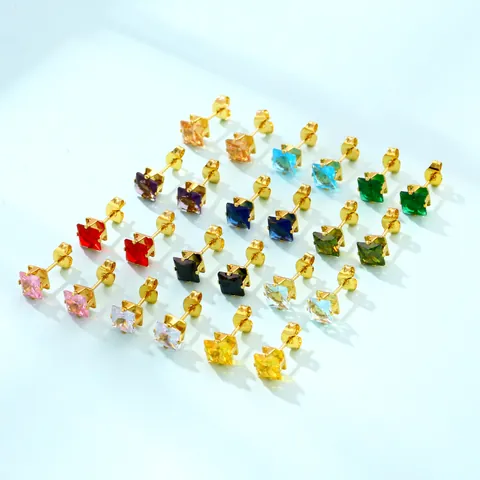 Boucles d'Oreilles Clous en Acier Inoxydable Zircon Carré Plaquées Or à Quatre Griffes Bijoux de Mode pour Femmes Filles