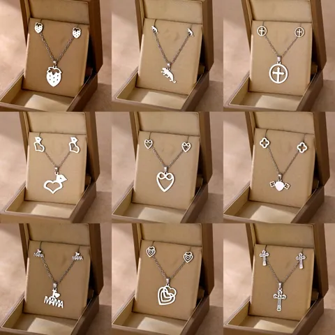 Edelstahl Herz Kreuz Elefant Schmuck Halskette Ohrringe Für Damen Minimalistisch Poliertes Metall Accessoire Geschenk Alltag