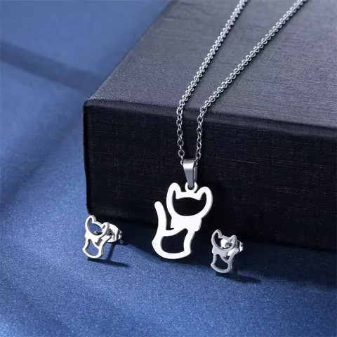 Minimalistisches 304 Edelstahl Katze Schmuck-Set Für Damen Hohl Tier Anhänger Halskette Und Passende Ohrstecker Mode Schmuck