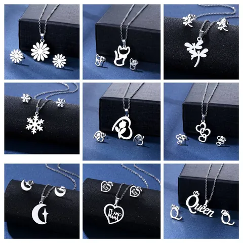 Collana In Acciaio Inossidabile Minimalista E Orecchini A Bottone Per Donna Gatto Vuoto Cuore Fiocco Di Neve Stella Margherita Gioielli